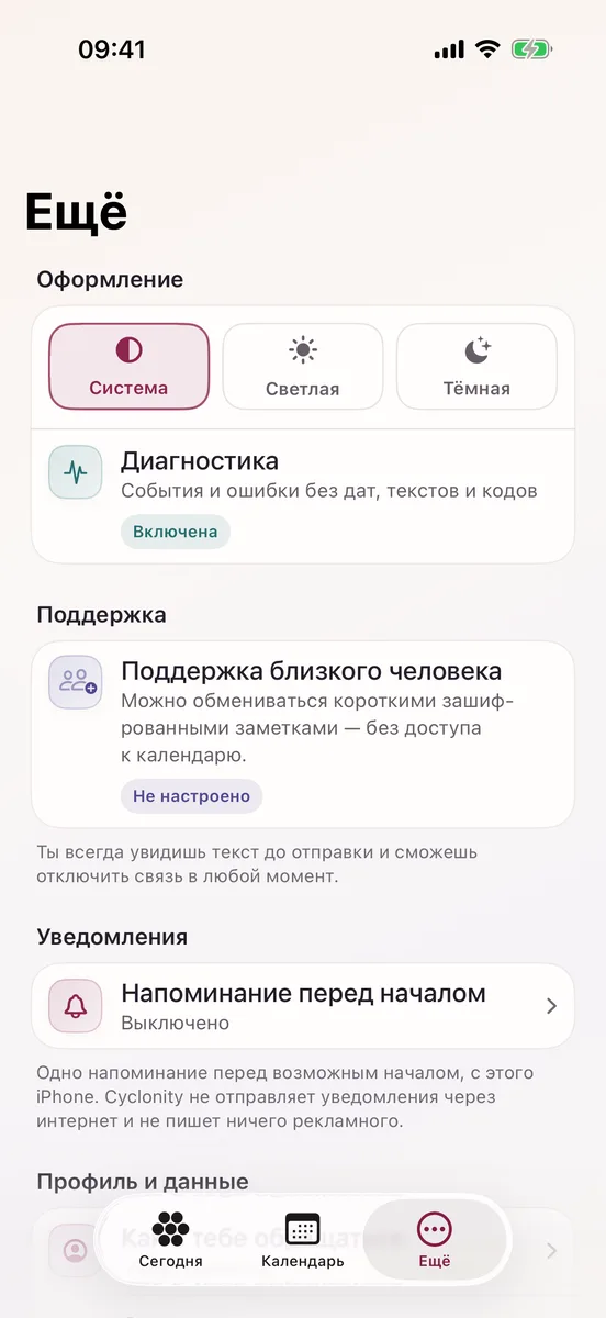 Экран Ещё Cyclonity: тема, поддержка, напоминания и приватные настройки